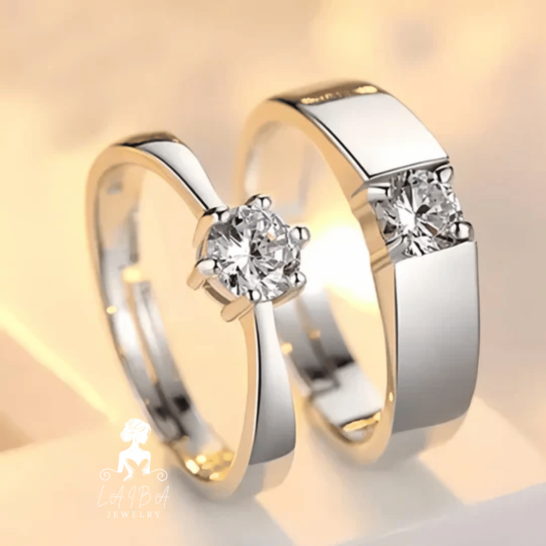Trendy Diamond Cut Stone 925 Sterling Silver Couple Rings Adjustable