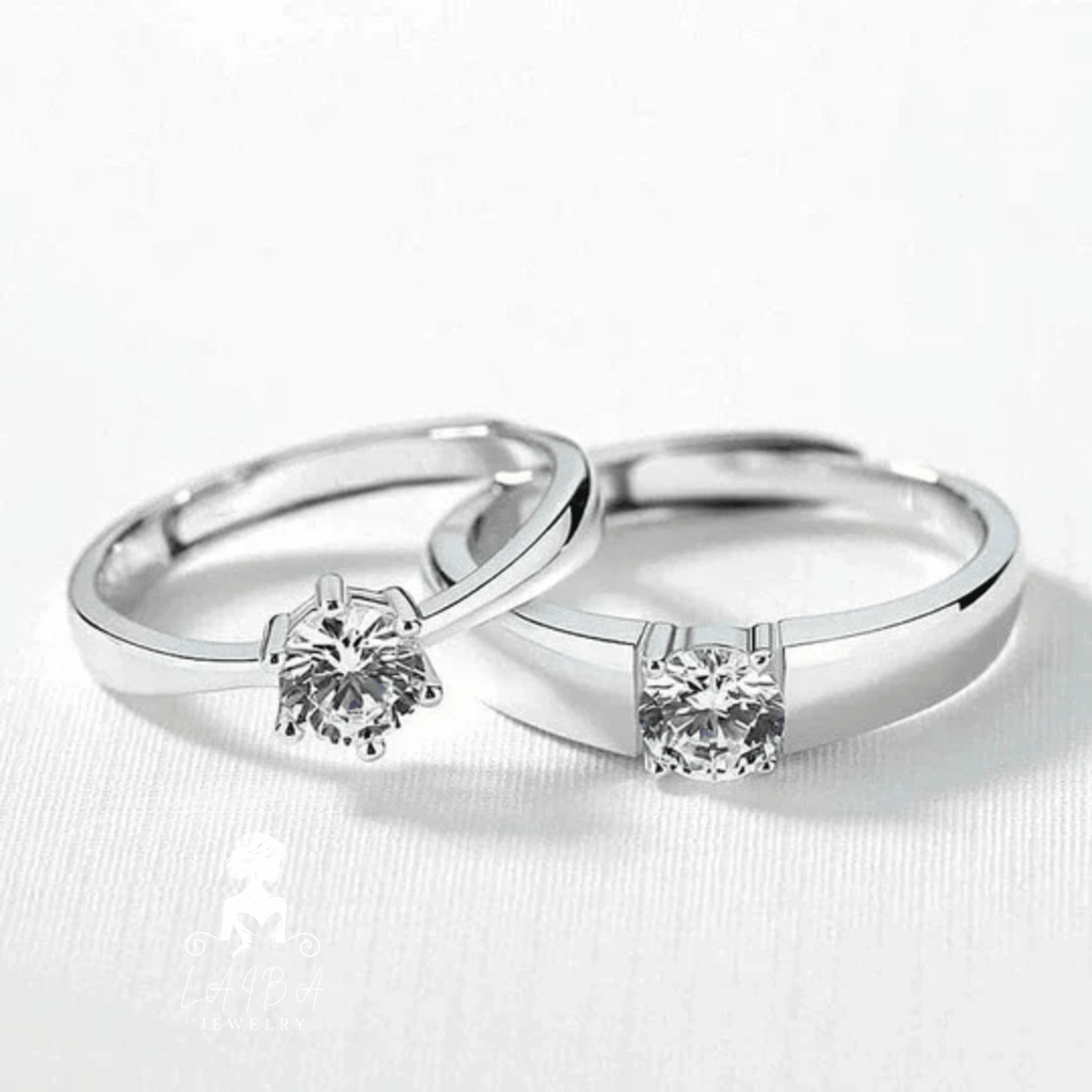 Trendy Diamond Cut Stone 925 Sterling Silver Couple Rings Adjustable