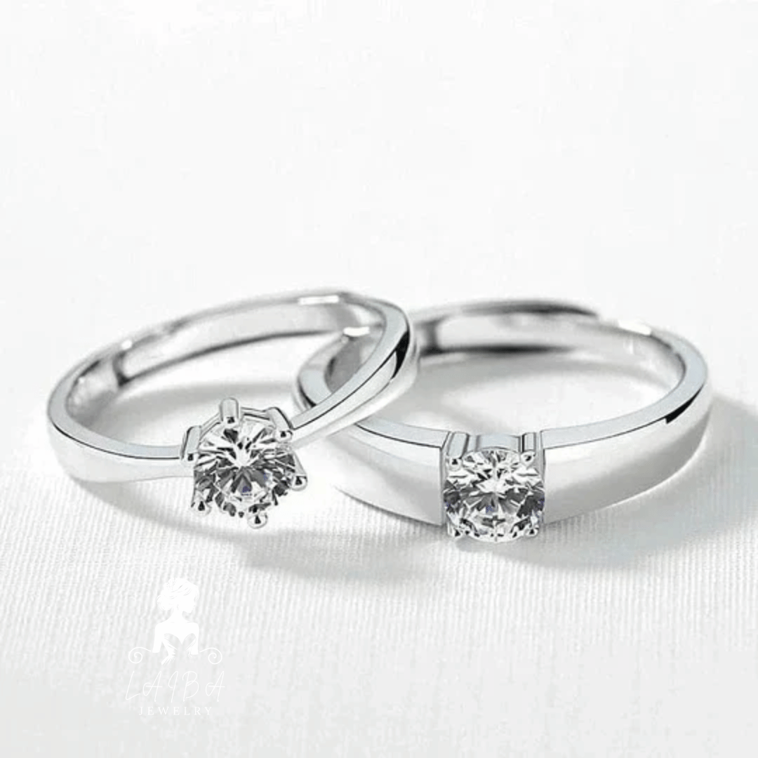 Trendy Diamond Cut Stone 925 Sterling Silver Couple Rings Adjustable