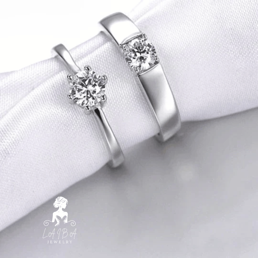 Trendy Diamond Cut Stone 925 Sterling Silver Couple Rings Adjustable