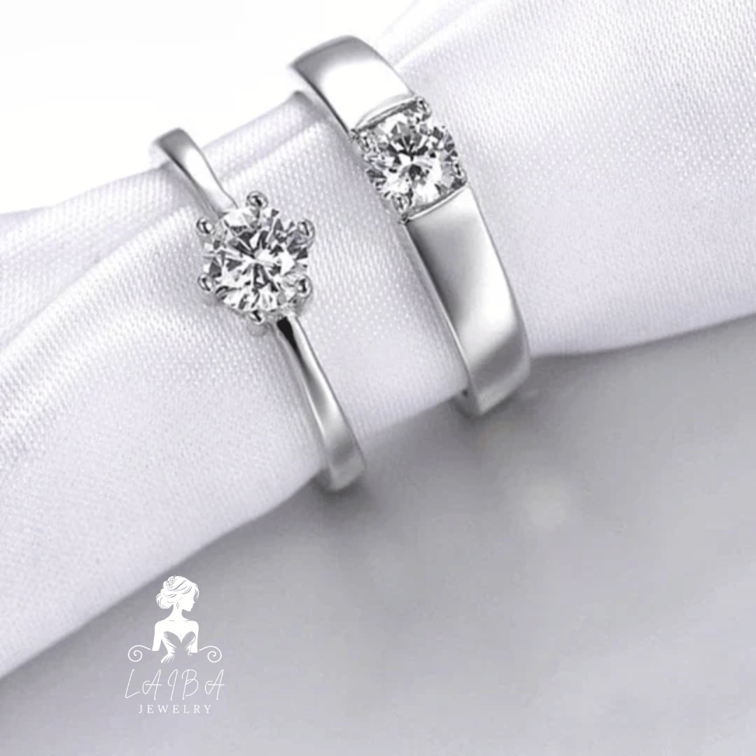 Trendy Diamond Cut Stone 925 Sterling Silver Couple Rings Adjustable