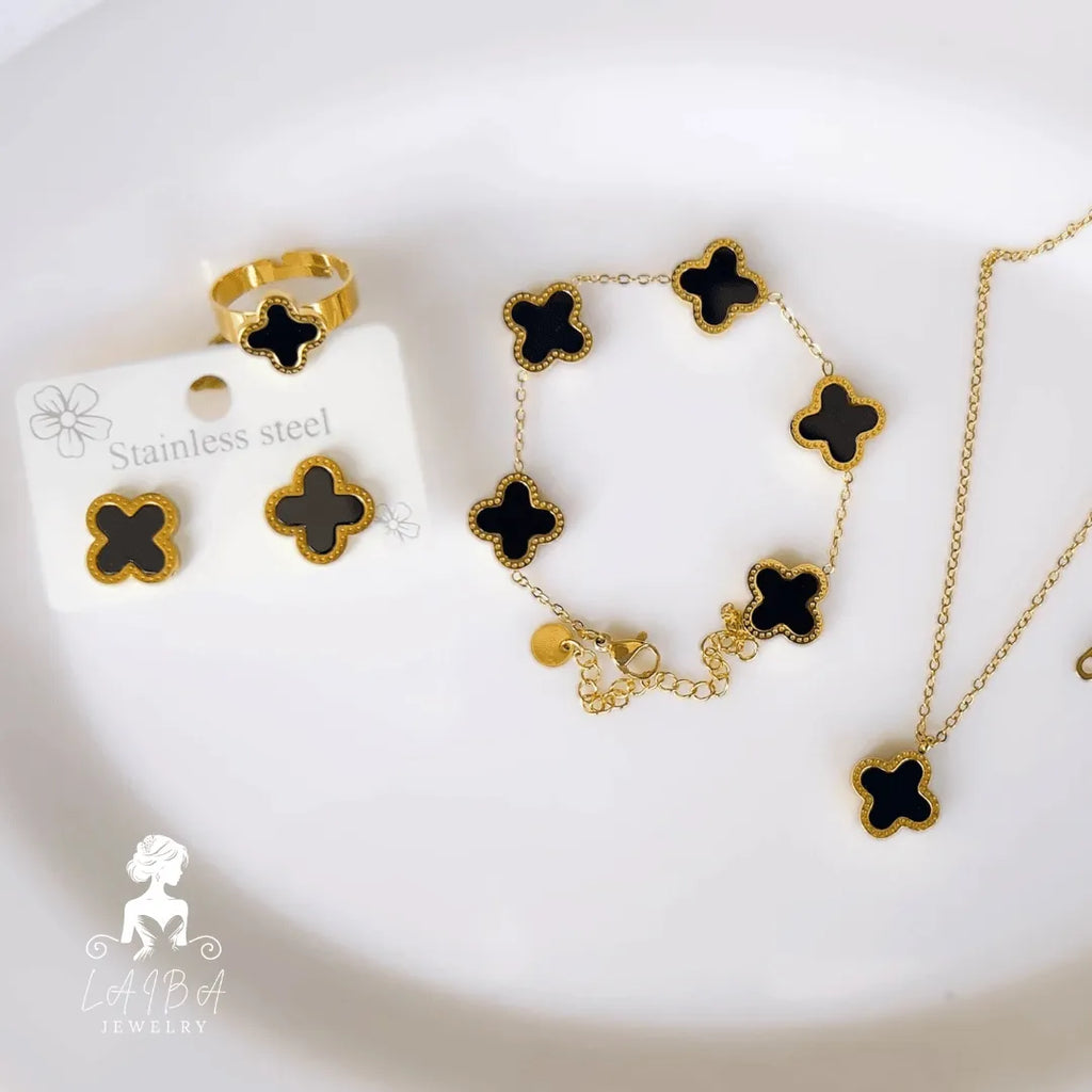 Stainless Steel Black Clover - Set of 4 Include ( Bracelet, Pendant, Adjustable Ring & Earrings )