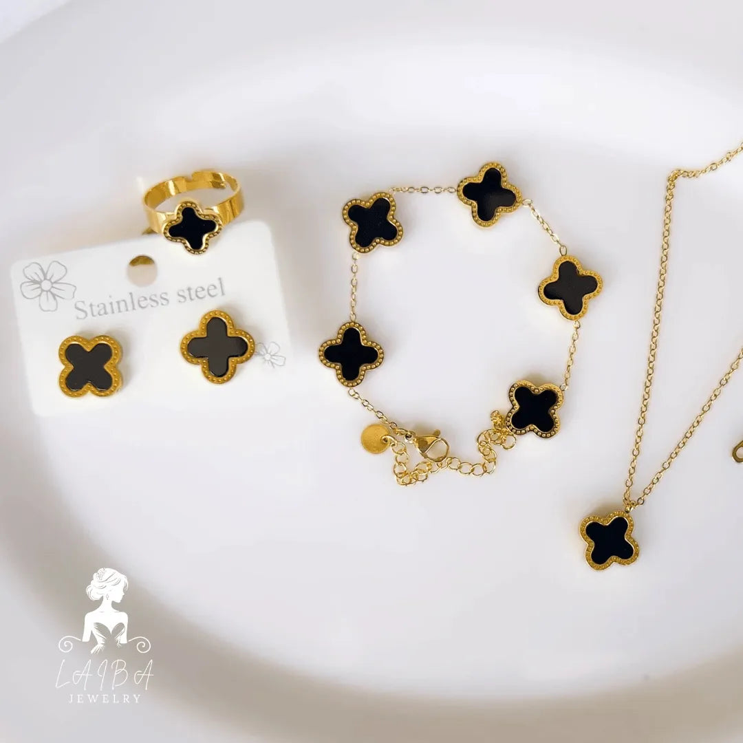 Stainless Steel Black Clover - Set of 4 Include ( Bracelet, Pendant, Adjustable Ring & Earrings )