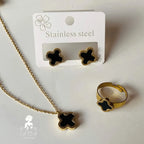 Stainless Steel Black Clover - Set of 4 Include ( Bracelet, Pendant, Adjustable Ring & Earrings )