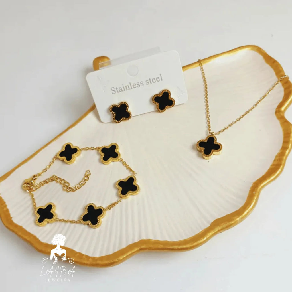 Stainless Steel Black Clover - Set of 4 Include ( Bracelet, Pendant, Adjustable Ring & Earrings )