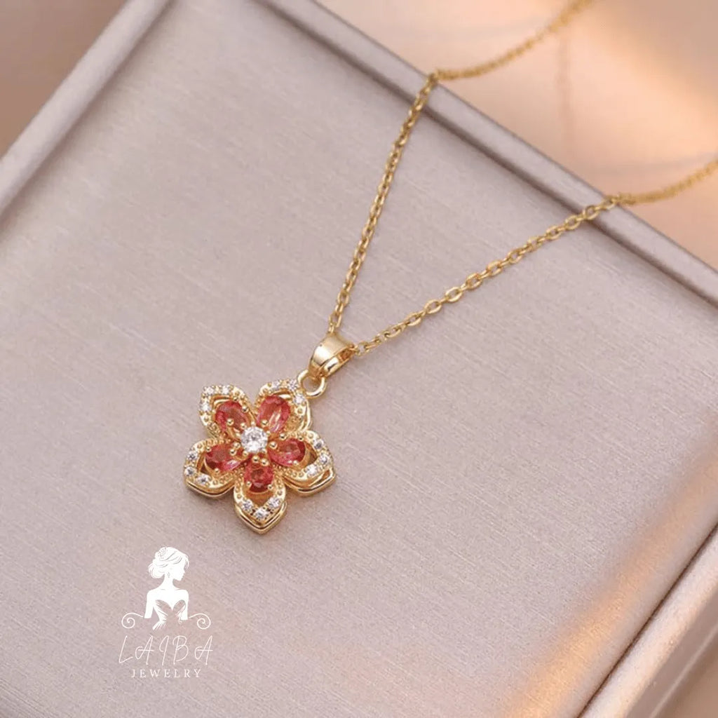 Zircon Rotating Chain Necklace - Red